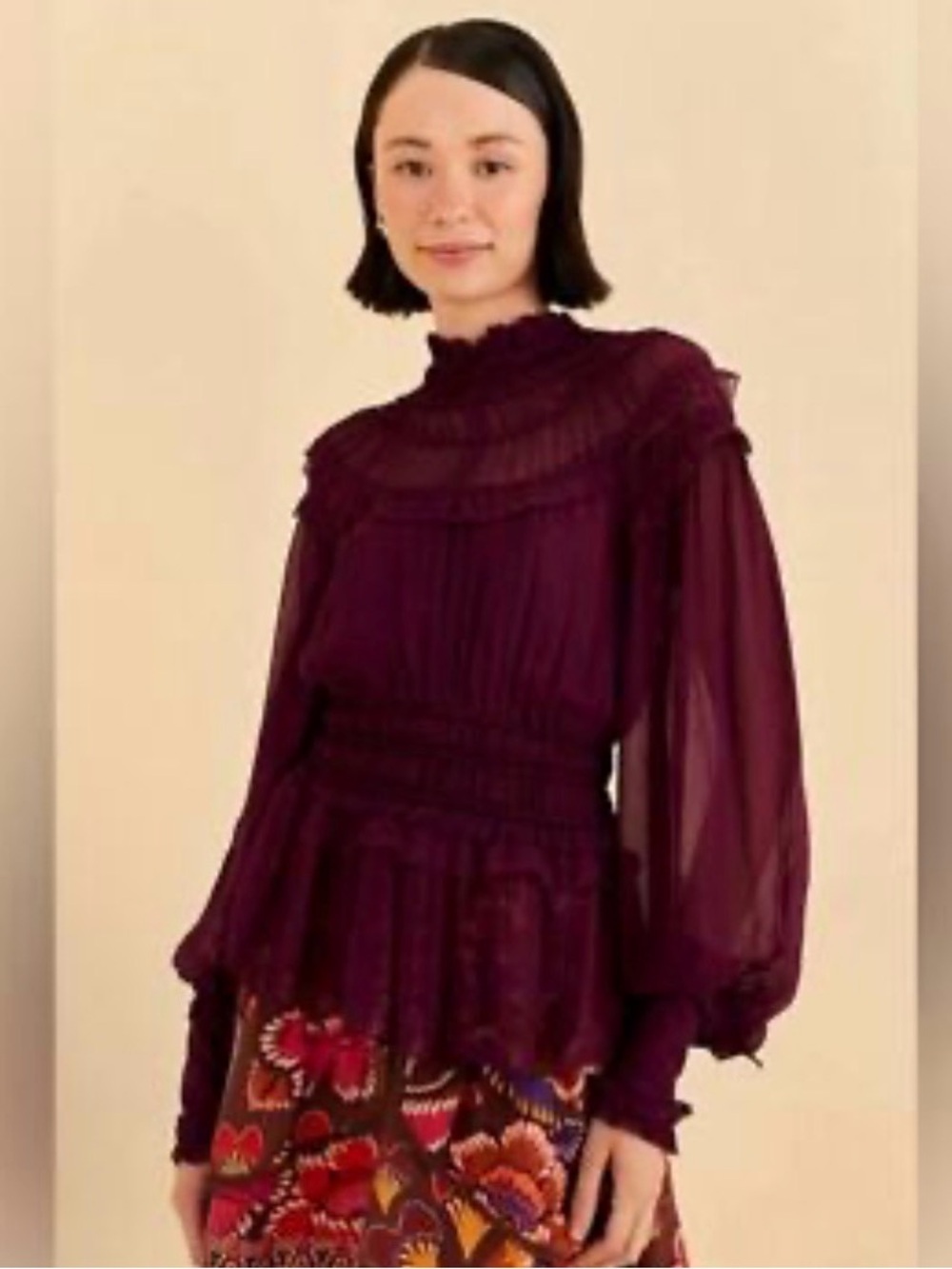 NWT FARM RIO NWOT Burgundy Ruffle High neck top. Size XS